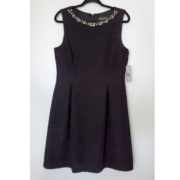 NWT Black Shimmer Knee-Length Sleeveless A-Line Jeweled Bid Jessica Howard Sz 14 - Picture 1 of 9